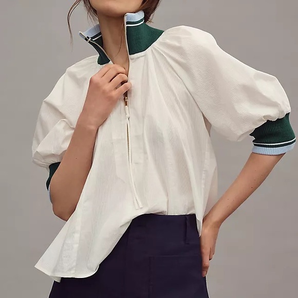 Maeve White Half-Zip Puff-Sleeve Sporty Henley Blouse-NWT - Picture 6 of 9